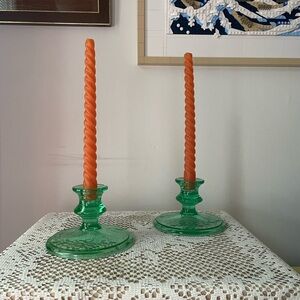 Vintage Green Uranium Glass Candle Stick Holders